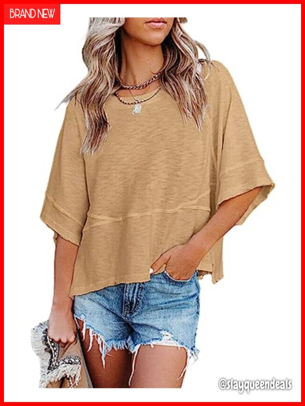 Women's Summer Casual T-Shirt Loose Fit 3/4 Sleeve Crewneck Cotton Blend Top